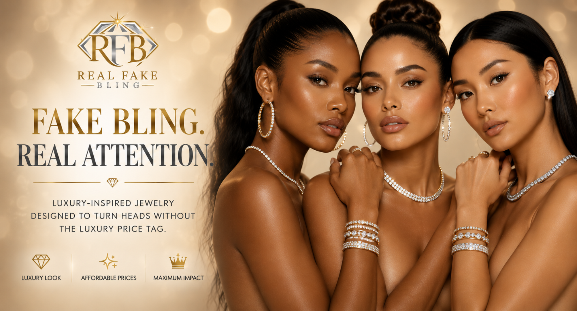 Three women modeling luxury jewelry against a warm gold bokeh background, with the Real Fake Bling logo and text on the left side of the image.